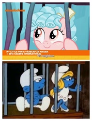 Size: 3106x4096 | Tagged: safe, edit, edited screencap, imported from derpibooru, screencap, cozy glow, pony, school raze, bars, cage, clothes, cozybetes, cute, dress, female, filly, foal, hat, logic, male, nickelodeon, smurfette, smurfs, subtitles