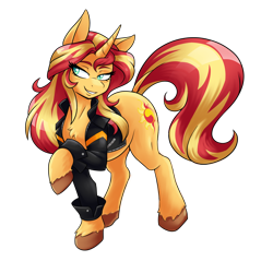 Size: 1280x1226 | Tagged: safe, artist:ambris, deleted from derpibooru, imported from derpibooru, sunset shimmer, pony, unicorn, equestria girls, clothes, female, grin, jacket, mare, simple background, smiling, solo, transparent background, unshorn fetlocks