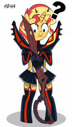 Size: 1080x1920 | Tagged: safe, artist:sunshi, imported from derpibooru, sunset shimmer, pony, unicorn, anime, bipedal, boots, clothes, confused, crossover, female, gloves, hoof hold, kill la kill, motorcross, question mark, ryuko matoi, scissor blade, senketsu, shoes, simple background, solo, white background