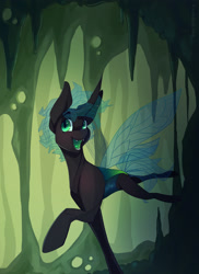 Size: 1600x2200 | Tagged: safe, artist:skylacuna, imported from derpibooru, oc, oc only, oc:noxus, changeling, cavern, changeling oc, fangs, male, raised hoof, smiling, solo