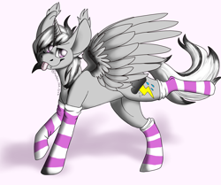 Size: 2000x1669 | Tagged: safe, artist:ashen_the_birb, imported from derpibooru, oc, oc only, alicorn, pony, :p, alicorn oc, clothes, commission, digital art, ear fluff, fangs, looking at you, male, one hoof raised, raised hoof, signature, silly, simple background, socks, solo, stallion, striped socks, tongue out, ych result