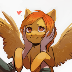 Size: 2000x2000 | Tagged: safe, artist:didna, imported from derpibooru, oc, oc only, oc:firetale, human, pegasus, pony, bust, female, hands on cheeks, heart, looking up, mare, offscreen character, pov, simple background, spread wings, white background, wings