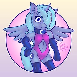 Size: 1024x1024 | Tagged: safe, artist:chris sutor, imported from derpibooru, princess luna, anthro, naughty luna, belly button, clothes, commission, cute, female, filly, gloves, hair over one eye, leotard, looking at you, navel cutout, smiling, socks, spread wings, wings, woona, younger