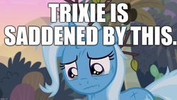 Size: 1280x720 | Tagged: safe, edit, edited screencap, editor:useraccount, imported from derpibooru, screencap, trixie, pony, unicorn, road to friendship, crying, female, image macro, mare, meme, messy mane, reaction image, sad, solo, tears of sadness, teary eyes, trixie yells at everything