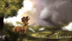 Size: 4000x2250 | Tagged: safe, artist:blackligerth, imported from derpibooru, applejack, earth pony, pony, cowboy hat, female, hat, mare, rain, scenery, solo, stetson, tree