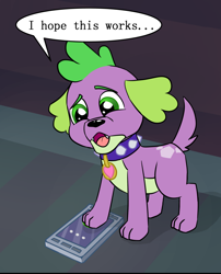 Size: 984x1219 | Tagged: safe, artist:verumtee, imported from derpibooru, spike, spike the regular dog, dog, comic:sparkling shimmer, equestria girls, cellphone, cropped, male, paws, phone, smartphone