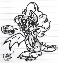 Size: 1824x1975 | Tagged: safe, artist:binkyt11, derpibooru exclusive, imported from derpibooru, pinkie pie, cockatrice pony, original species, body markings, female, lined paper, mare, monochrome, smiling, solo, traditional art, wing hands