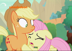 Size: 500x353 | Tagged: safe, imported from derpibooru, screencap, applejack, fluttershy, sounds of silence, cowering, ears back, floppy ears, nickelodeon, scared