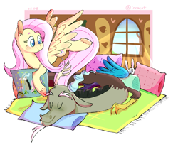 Size: 1579x1310 | Tagged: safe, artist:1racat, imported from derpibooru, angel bunny, discord, fluttershy, draconequus, pony, discoshy, female, hoof hold, interior, male, mare, pillow, prone, shipping, smiling, spread wings, straight, wings