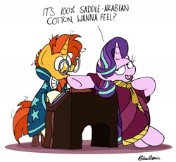 Size: 1849x1704 | Tagged: safe, artist:bobthedalek, imported from derpibooru, starlight glimmer, sunburst, pony, unicorn, road to friendship, bipedal, clothes, desk, female, flirting, leaning, male, mare, robe, shipping, simple background, smug, stallion, starburst, straight, white background