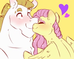 Size: 2000x1600 | Tagged: safe, artist:canisrettmajoris, imported from derpibooru, bulk biceps, fluttershy, pegasus, pony, blushing, digital art, eyes closed, female, flutterbulk, heart, kissing, looking at each other, male, mare, nuzzling, shipping, simple background, smiling, stallion, straight, yellow background