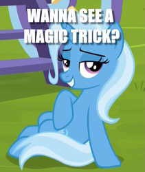 Size: 861x1021 | Tagged: safe, imported from derpibooru, screencap, trixie, flirting, image macro, looking at you, meme, question, solo, trixie yells at everything