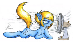 Size: 1751x1025 | Tagged: safe, artist:jacquibim, imported from derpibooru, oc, oc only, oc:valkyrie, earth pony, pony, dock, fan, lidded eyes, simple background, solo, traditional art, white background