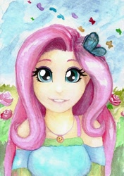 Size: 600x852 | Tagged: safe, artist:astevenamedwolf, imported from derpibooru, fluttershy, butterfly, equestria girls, equestria girls series, female, geode of fauna, looking at you, magical geodes, solo, traditional art