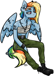 Size: 1975x2796 | Tagged: safe, artist:lrusu, imported from derpibooru, rainbow dash, anthro, pegasus, alternate hairstyle, bandage, boots, breasts, clothes, dog tags, female, mare, pants, shoes, signature, simple background, small breasts, solo, white background