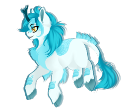 Size: 1082x966 | Tagged: safe, artist:requiem♥, imported from derpibooru, oc, oc only, kirin, adoptable, blue fur, blue mane, blue tail, cheek fluff, chest fluff, ear fluff, fluffy, hooves, horn, long tail, simple background, solo, transparent background, yellow eyes