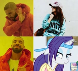 Size: 720x652 | Tagged: safe, imported from derpibooru, bon bon, rarity, sweetie drops, alternate hairstyle, cute, disguise, drake, female, funny, hat, hotline bling, irl, male, meme, photo, plainity, watermark