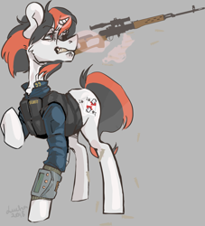 Size: 1966x2165 | Tagged: safe, artist:ducha, imported from derpibooru, oc, oc only, oc:blackjack, pony, unicorn, fallout equestria, fallout equestria: project horizons, angry, armor, clothes, fanfic, fanfic art, female, glowing horn, gun, hooves, horn, jumpsuit, levitation, magic, mare, optical sight, pipbuck, raised hoof, rifle, scope, security armor, simple background, small horn, sniper rifle, solo, svd, telekinesis, vault security armor, vault suit, weapon