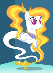 Size: 6400x8800 | Tagged: safe, artist:parclytaxel, imported from derpibooru, oc, oc only, oc:storm shield, genie, genie pony, monster pony, pegasus, pony, .svg available, absurd resolution, bracelet, corner, female, flowing mane, geniefied, jewelry, lamp, looking at you, mare, monster mare, peytral, ponytail, raised hoof, smiling, solo, vector, waistband, ych result