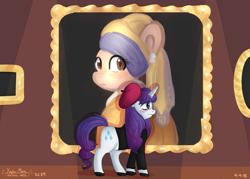 Size: 4900x3500 | Tagged: safe, artist:compassrose0425, artist:inkwellartz, imported from derpibooru, rarity, pony, unicorn, sweet and elite, beatnik rarity, beret, blushing, clothes, cutie mark, female, fine art parody, gallery, girl with a pearl earring, hat, mare, profile, smiling, solo, sweater