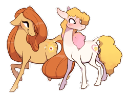 Size: 640x480 | Tagged: safe, artist:bananasmores, imported from derpibooru, bumblesweet, golden delicious (g3), earth pony, pony, avoiding eye contact, blushing, bumblelicious, bumblesweet (g3), crush, dock, duo, female, floppy ears, g3, lesbian, nervous, shipping, simple background, transparent background, unshorn fetlocks