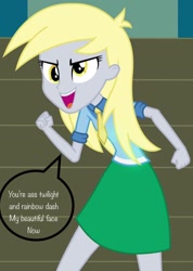 Size: 480x674 | Tagged: safe, edit, imported from derpibooru, derpy hooves, equestria girls, clothes, facesitting, female, implied, implied facesitting, implied shipping, meme, misspelling of your, text edit, vulgar