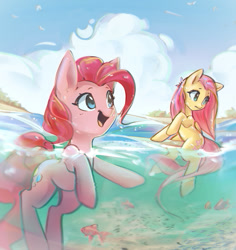 Size: 1136x1201 | Tagged: safe, artist:mirroredsea, imported from derpibooru, fluttershy, pinkie pie, earth pony, fish, pegasus, pony, cloud, duo, female, mare, scenery, swimming, water