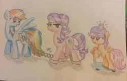 Size: 1165x744 | Tagged: safe, artist:prinrue, imported from derpibooru, rainbow dash, scootaloo, spoiled rich, arrested, chains, cuffs, police, shackles, traditional art