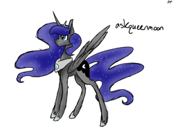 Size: 1280x960 | Tagged: safe, artist:ask-azalea-grey, imported from derpibooru, nightmare moon, alicorn, pony, askqueenmoon, ethereal mane, fanart, female, jewelry, mare, regalia, simple background, solo, starry mane, white background