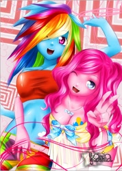 Size: 602x846 | Tagged: safe, artist:rana, imported from derpibooru, pinkie pie, rainbow dash, equestria girls, boobie mark, breasts, cleavage, clothes, nightgown, one eye closed, pants, top, wink