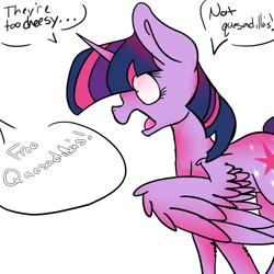 Size: 1280x1280 | Tagged: safe, artist:ask-azalea-grey, imported from derpibooru, twilight sparkle, alicorn, pony, cutie mark, dialogue, female, mare, offscreen character, open mouth, request, shocked, simple background, solo, speech bubble, spread wings, they're just so cheesy, twilight sparkle (alicorn), white background, wings