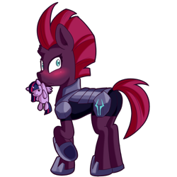 Size: 512x512 | Tagged: safe, artist:anibaruthecat, imported from derpibooru, fizzlepop berrytwist, tempest shadow, twilight sparkle, alicorn, pony, unicorn, armor, blushing, broken horn, crush plush, cute, female, implied lesbian, implied shipping, implied tempestlight, mare, mouth hold, plushie, simple background, solo, tempestbetes, transparent background, twilight sparkle (alicorn)