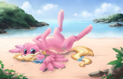 Size: 2148x1380 | Tagged: source needed, safe, artist:sheda, imported from derpibooru, oc, oc only, oc:bay breeze, pegasus, pony, beach, bow, cute, digital art, female, hair bow, looking at you, mare, ocean, sand, smiling, solo, tail bow, upside down, water, ych result