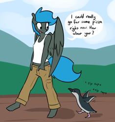 Size: 966x1026 | Tagged: safe, artist:whatsapokemon, imported from derpibooru, oc, oc only, oc:jade shine, anthro, bird, pegasus, penguin, anthro oc, clothes, cloud, female, open mouth, pants, shirt, sky