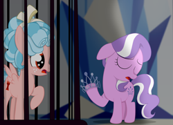 Size: 1936x1400 | Tagged: safe, artist:squipycheetah, imported from derpibooru, cozy glow, diamond tiara, earth pony, pegasus, pony, school raze, bars, cage, cozybuse, darkness, disappointed, discussion in the comments, eyes closed, female, filly, foal, freckles, headcanon, hell, jewelry, offering, prisoner, raised hoof, sad, story in the source, story included, surprised, tartarus, tiara