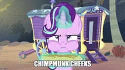 Size: 888x499 | Tagged: safe, edit, edited screencap, imported from derpibooru, screencap, starlight glimmer, pony, unicorn, road to friendship, chipmunk cheeks, cute, female, haycakes, horn, image macro, magic, mare, meme, solo, trixie's wagon, wagon