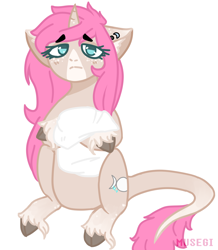 Size: 2048x2348 | Tagged: safe, artist:musegi, imported from derpibooru, oc, oc only, oc:tarot, classical unicorn, pony, unicorn, cloven hooves, curved horn, digital art, ear piercing, female, floppy ears, freckles, horn, hug, leonine tail, long mane, long tail, mare, palomino, piercing, pillow, pillow hug, pink mane, sad, simple background, solo, unshorn fetlocks, ych result