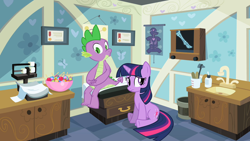 Size: 1280x720 | Tagged: safe, imported from derpibooru, screencap, spike, twilight sparkle, dragon, pony, unicorn, secret of my excess, anatomy, anatomy chart, bowl, candy, chart, diploma, doctor's office, duo, female, food, greed spike, lollipop, male, mare, scale, sink, sitting, tongue depressor, unicorn twilight, whistling, worried, x-ray, x-ray picture