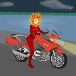 Size: 2000x2000 | Tagged: safe, artist:deltalima, imported from derpibooru, sunset shimmer, equestria girls, commission, crossover, fiery shimmer, fire hair, ghost rider, looking at you, motorcycle