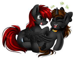 Size: 3030x2400 | Tagged: safe, artist:pridark, imported from derpibooru, oc, oc only, pegasus, pony, unicorn, chest fluff, collar, commission, cute, eyes closed, fangs, ha, laughing, open mouth, red and black oc, simple background, tickling, transparent background