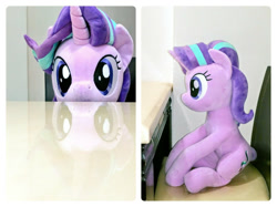 Size: 1250x937 | Tagged: safe, artist:nekokevin, imported from derpibooru, starlight glimmer, pony, unicorn, series:nekokevin's glimmy, chair, cute, glimmerbetes, irl, looking at you, photo, plushie, reflection, sitting, smiling, solo, soon, table