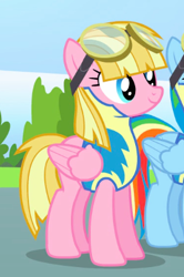 Size: 280x421 | Tagged: safe, imported from derpibooru, screencap, meadow flower, rainbow dash, pegasus, pony, wonderbolts academy, background pony, clothes, cropped, female, goggles, mare, smiling, solo focus, standing, uniform, wings, wonderbolt trainee uniform