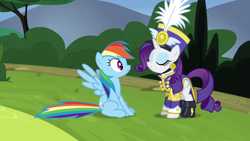 Size: 1280x720 | Tagged: safe, imported from derpibooru, screencap, rainbow dash, rarity, pegasus, pony, unicorn, testing testing 1-2-3, ancient wonderbolts uniform, boots, clothes, duo, eyes closed, female, hat, mare, sgt. rarity, shako, shoes, sitting, spread wings, uniform, wings