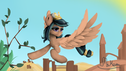 Size: 1920x1080 | Tagged: safe, artist:mahexa, imported from derpibooru, somnambula, pegasus, pony, daring done?, female, flying, mare, smiling, solo, sun