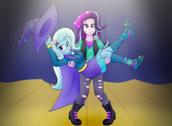 Size: 3930x2880 | Tagged: safe, artist:poseidonathenea, imported from derpibooru, starlight glimmer, trixie, equestria girls, equestria girls series, mirror magic, spoiler:eqg specials, beanie, bridal carry, cape, carrying, clothes, female, hat, smiling, spotlight, stage, startrix, trixie's cape, trixie's hat