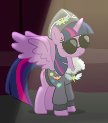 Size: 444x507 | Tagged: safe, imported from derpibooru, screencap, commander easy glider, twilight sparkle, alicorn, pony, testing testing 1-2-3, ancient wonderbolts uniform, bomber jacket, clothes, cropped, female, fleece jacket, hat, jacket, mare, outfit catalog, smiling, solo, spread wings, sunglasses, twilight sparkle (alicorn), uniform, wing hole, wings