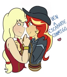 Size: 756x861 | Tagged: safe, artist:horsegirlpodcast, imported from derpibooru, applejack, sunset shimmer, dance magic, equestria girls, spoiler:eqg specials, appleshimmer, black hat, blushing, bound, clothes, dress, female, hat, jacket, lasso, lesbian, looking at each other, rope, shipping, simple background, spanish, tied, translated in the description, white background