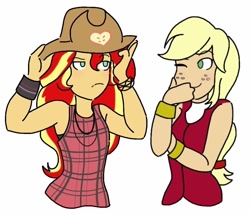 Size: 768x661 | Tagged: safe, artist:horsegirlpodcast, imported from derpibooru, applejack, sunset shimmer, equestria girls, appleshimmer, blushing, clothes, dress, female, hat, lesbian, shipping, simple background, white background