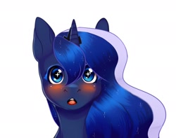 Size: 1280x1007 | Tagged: safe, artist:sasha lebedeva, imported from derpibooru, princess luna, alicorn, pony, blushing, bust, crown, ethereal mane, female, horn, jewelry, looking at you, mare, open mouth, regalia, simple background, solo, starry eyes, starry mane, want, white background, wingding eyes