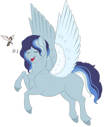 Size: 1377x1652 | Tagged: safe, artist:ganashiashaka, imported from derpibooru, oc, oc only, oc:rainy sky, bird, pegasus, pony, eyes closed, female, mare, music notes, offspring, parent:rainbow dash, parent:thunderlane, parents:thunderdash, simple background, singing, solo, transparent background, unshorn fetlocks